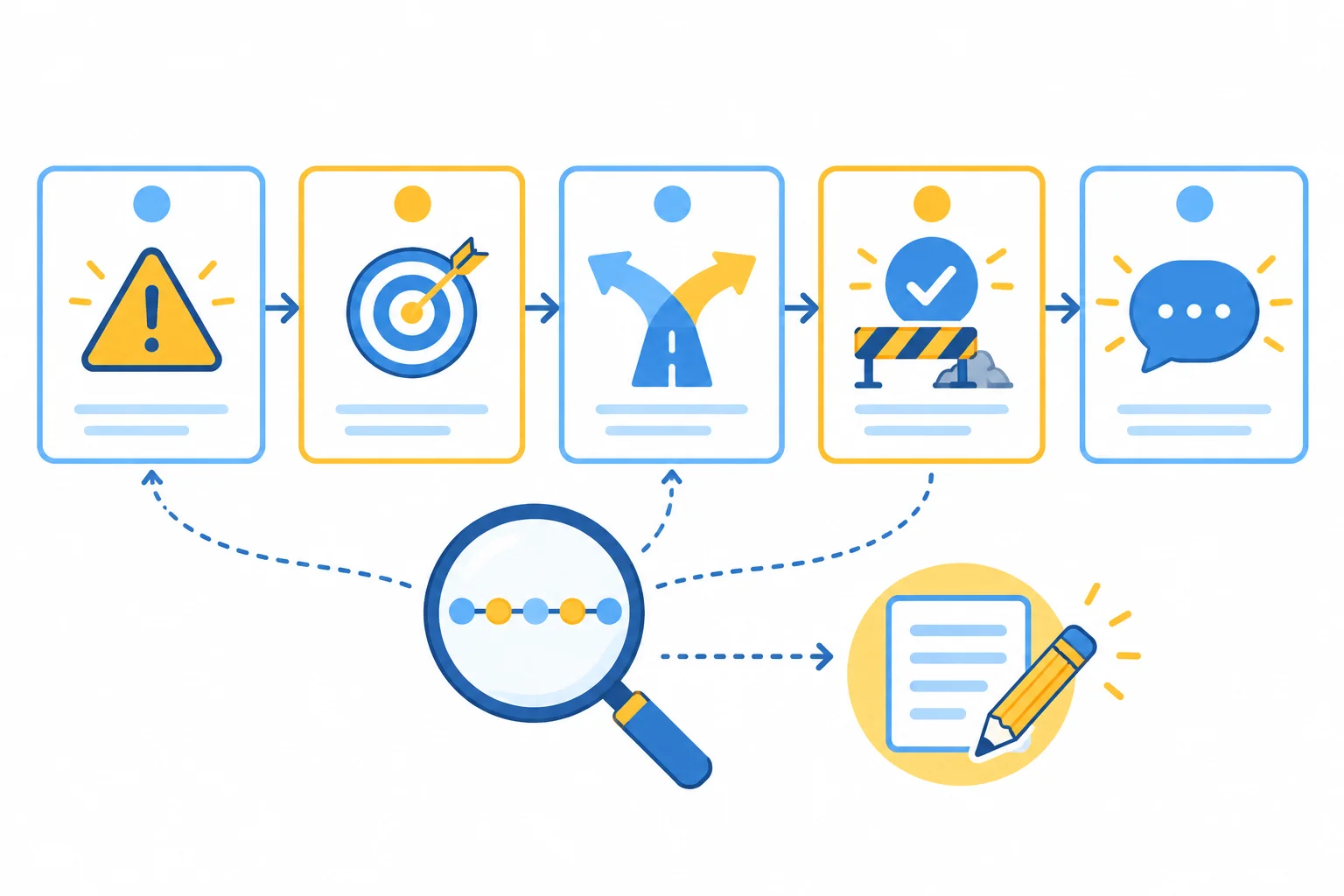 Diagrama de revisão: problema, objetivo, alternativas, solução com limitação e pedido de resposta aparecem ligados em sequência; uma lupa verifica as ligações e um lápis revisa os detalhes do texto.