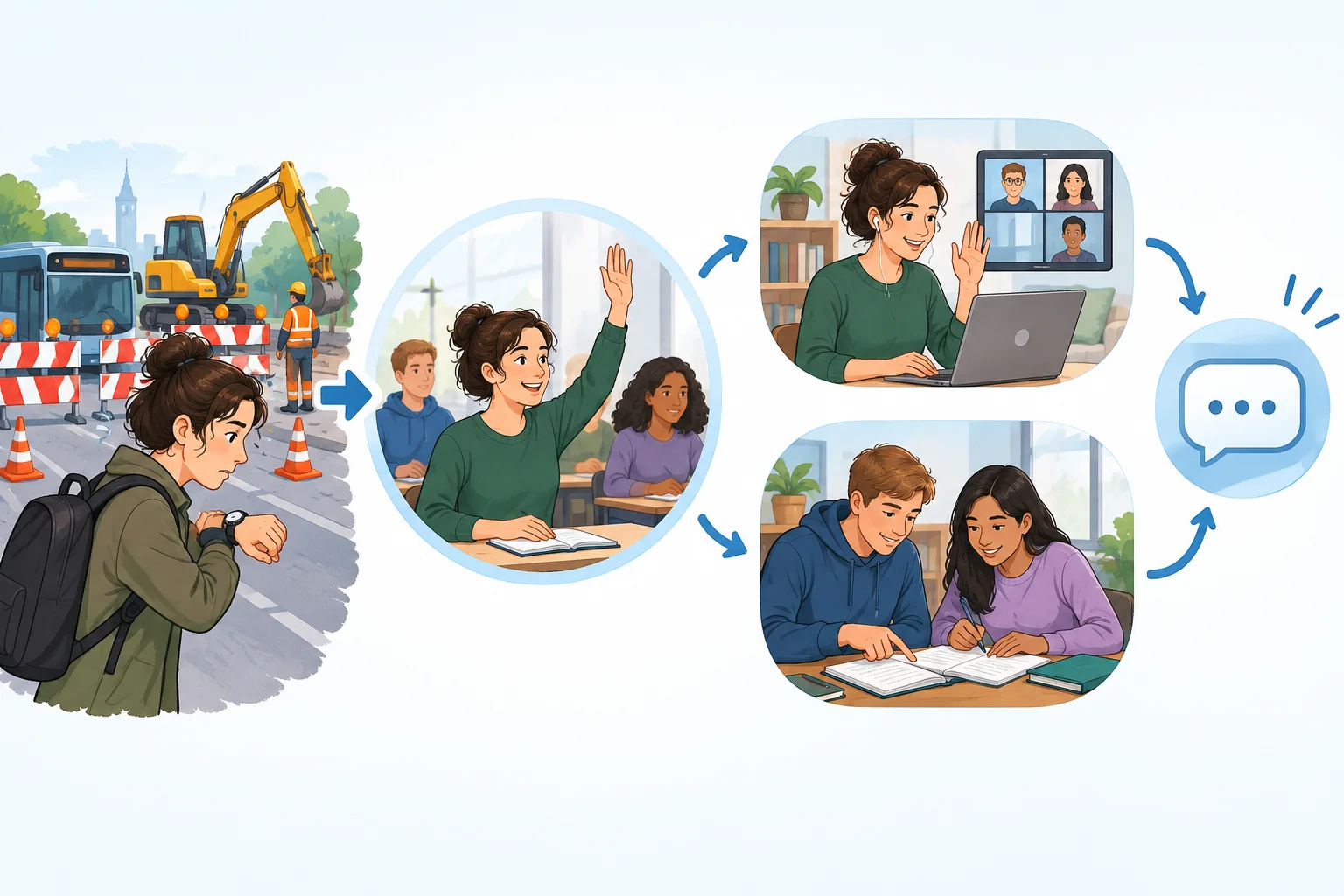 Esquema visual: problema de deslocamento, objetivo de acompanhar o curso, duas alternativas e mensagem que pede resposta.