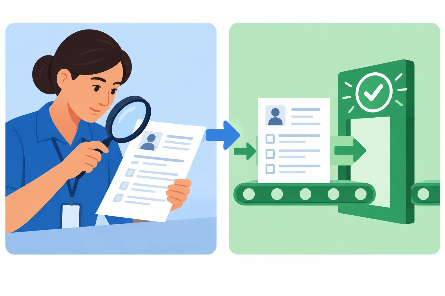 Comparação visual: à esquerda, uma funcionária analisa um pedido; à direita, o mesmo pedido passa pela etapa de verificação.