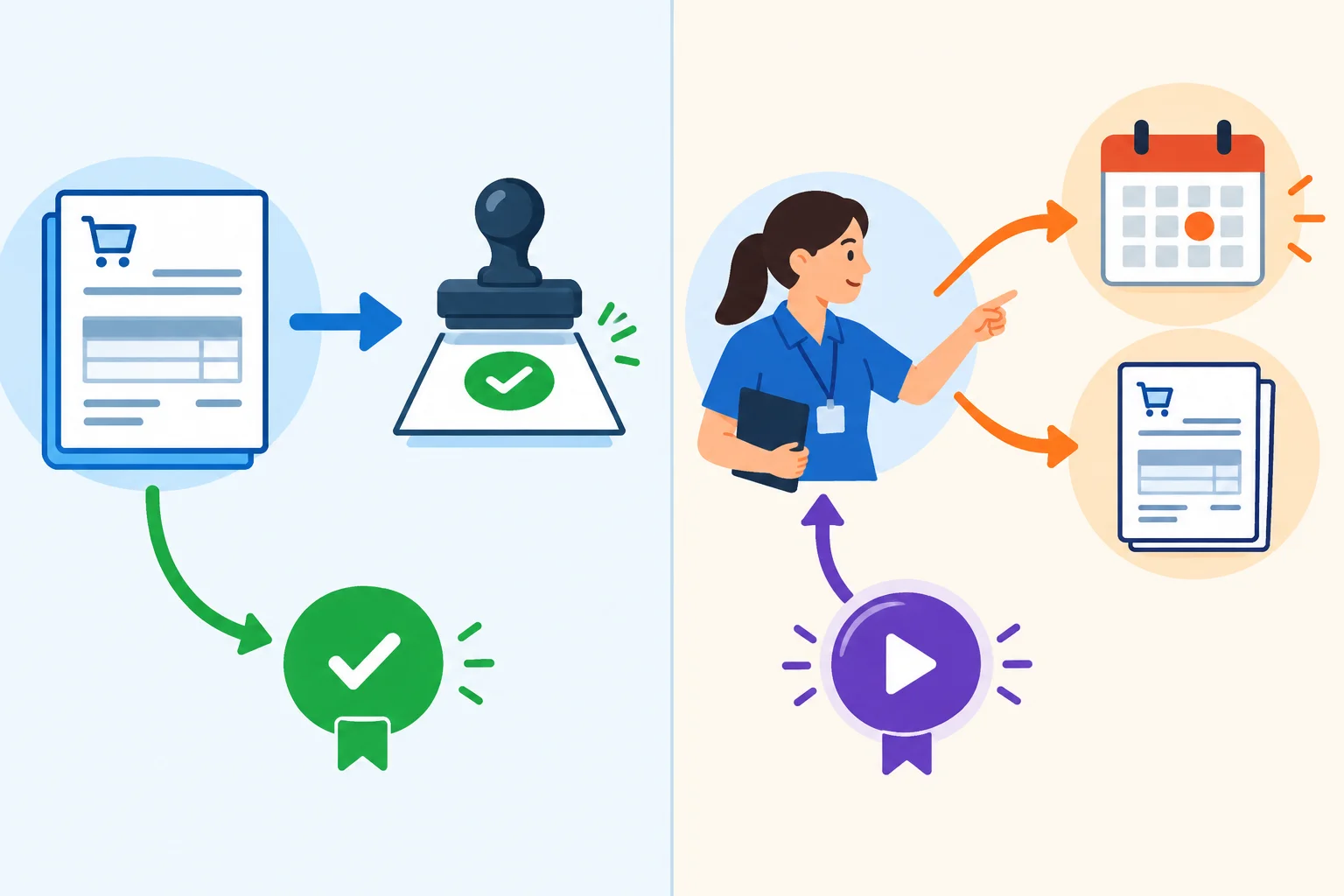 Comparação visual entre um pedido como foco de um procedimento e uma equipe como agente de uma ação futura.