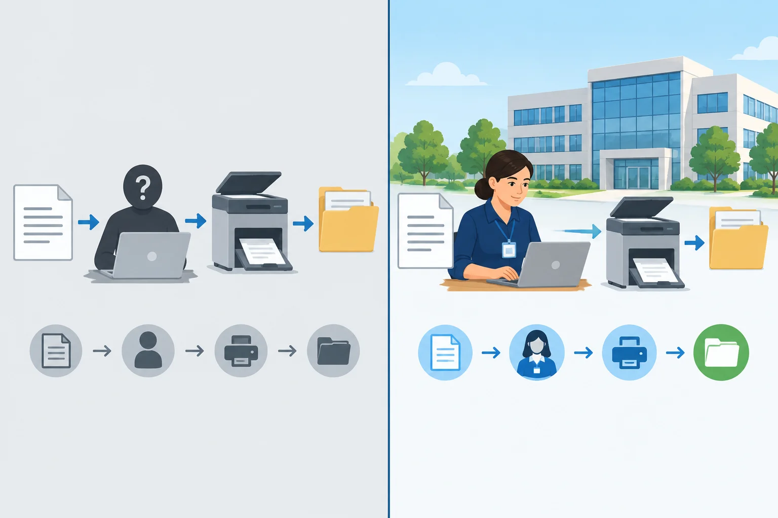 Comparação entre um processo em que o responsável não importa e outro em que a identificação do responsável é relevante.