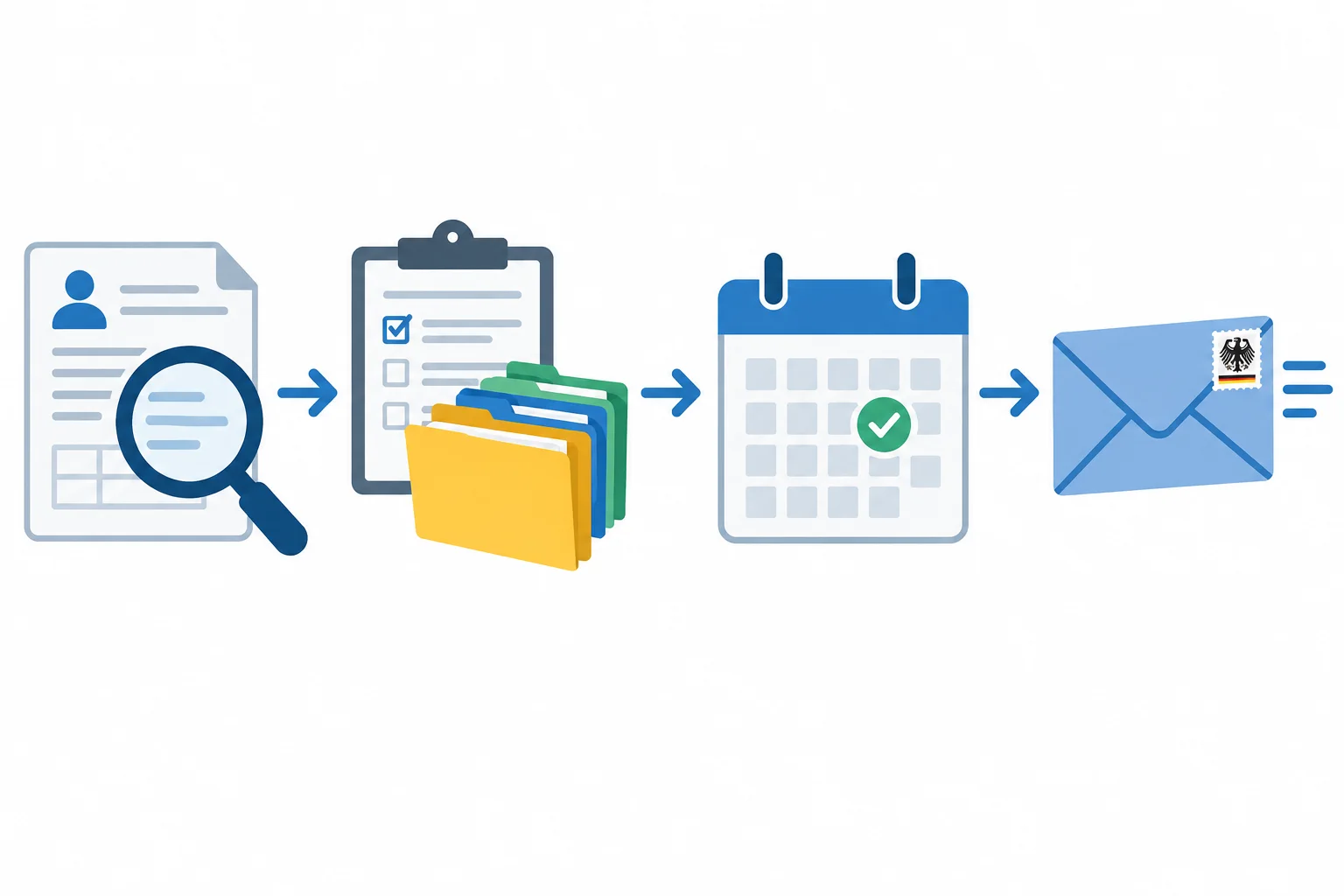 Fluxo visual de quatro etapas: verificar um pedido, processar uma solicitação, confirmar um agendamento e enviar uma confirmação.