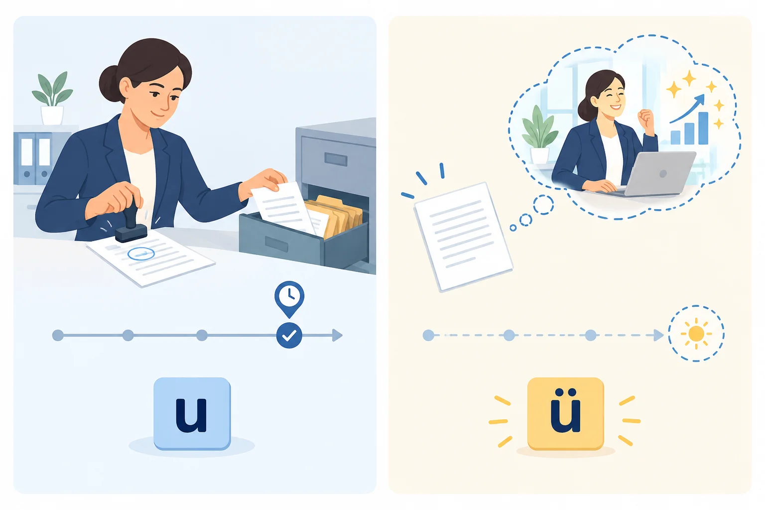 Comparação visual entre uma ação de serviço concluída e uma possibilidade imaginada.