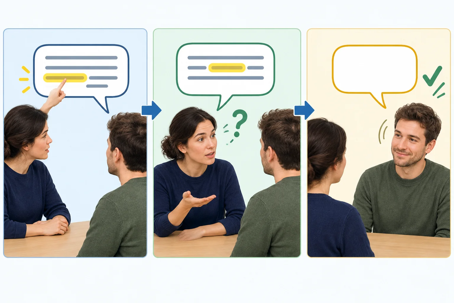 Esquema de uma dúvida sobre uma condição, seguido de uma checagem da interpretação e de uma confirmação.