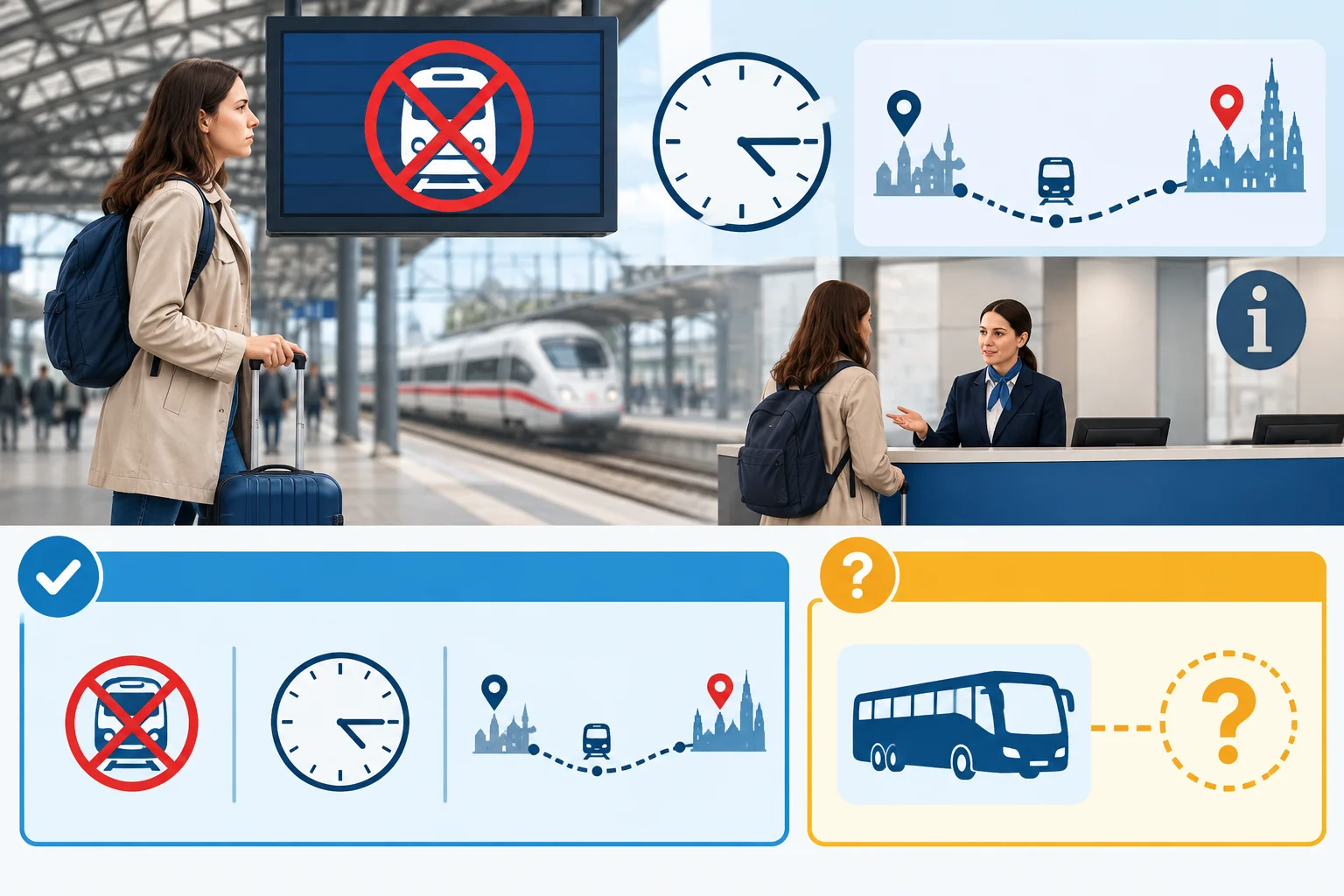 Esquema visual de uma passageira em uma estação: trem cancelado, destino Leipzig, atendimento e ônibus substituto ainda sem confirmação.