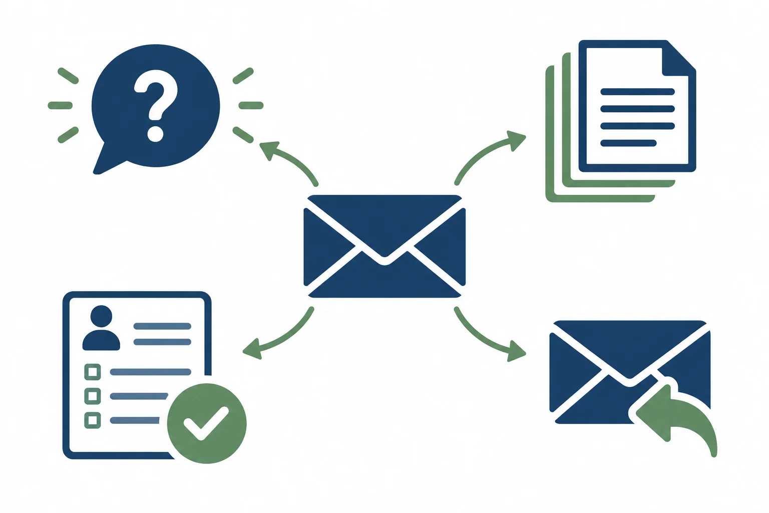 Diagrama de um e-mail formal ligado a quatro tipos de retorno: esclarecimento, documentos, confirmação e resposta.