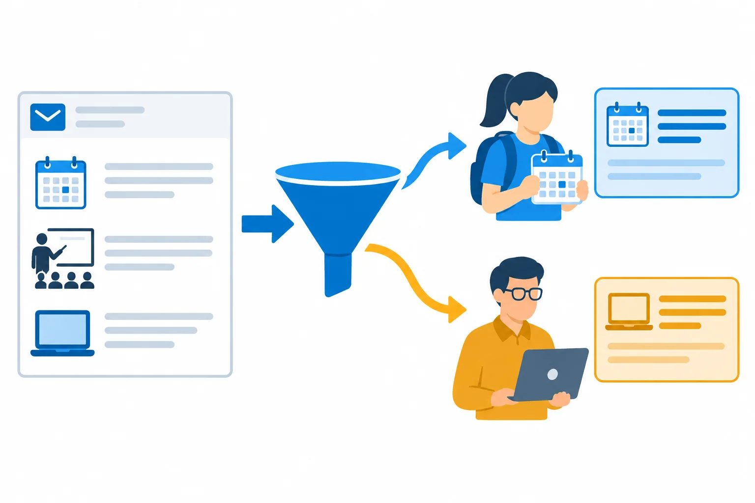 Diagrama mostrando uma mesma mensagem como fonte e duas pessoas com necessidades diferentes recebendo seleções diferentes de informações.
