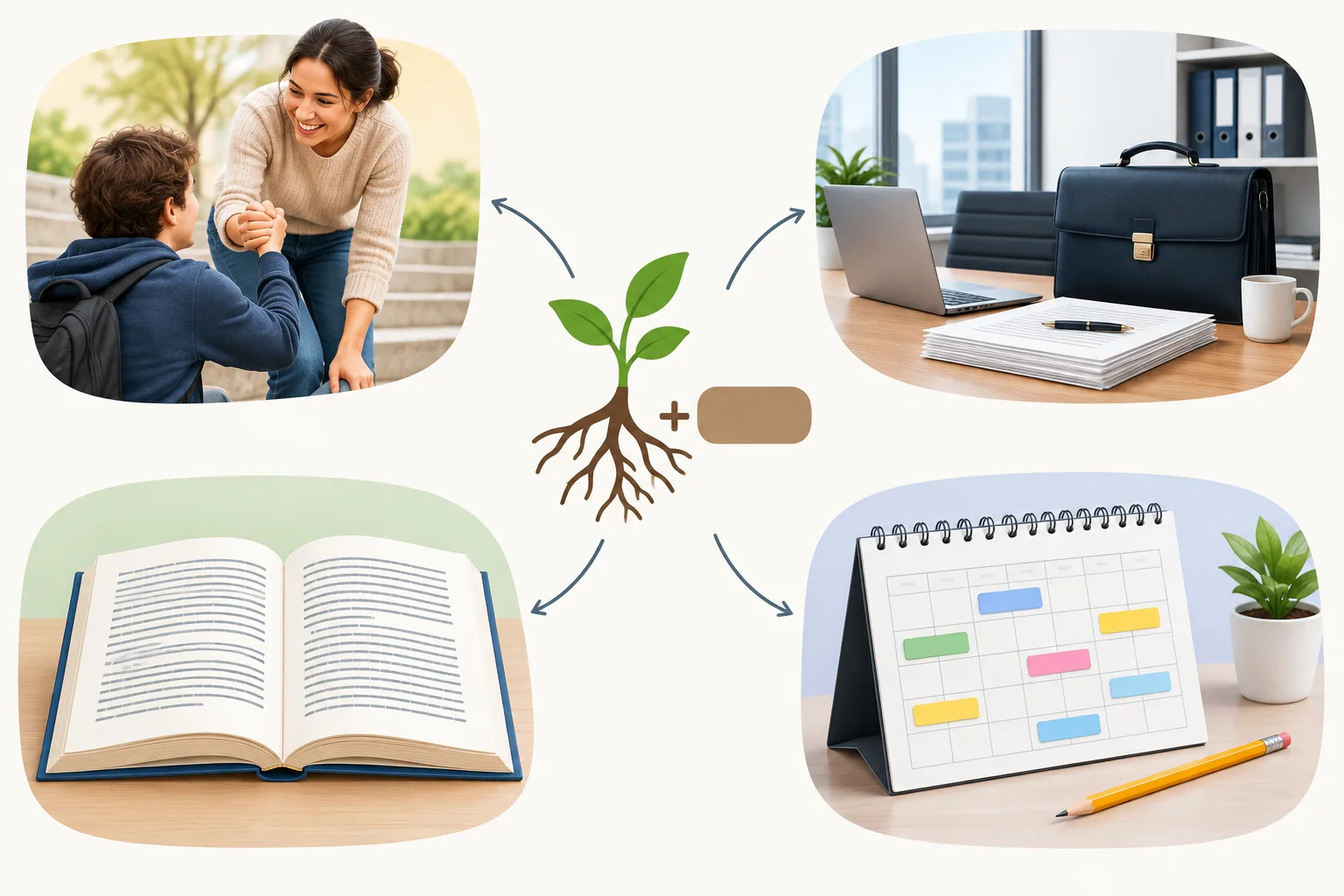 Diagrama com quatro cenas: uma pessoa amável, um ambiente profissional, um texto legível e um calendário organizado.