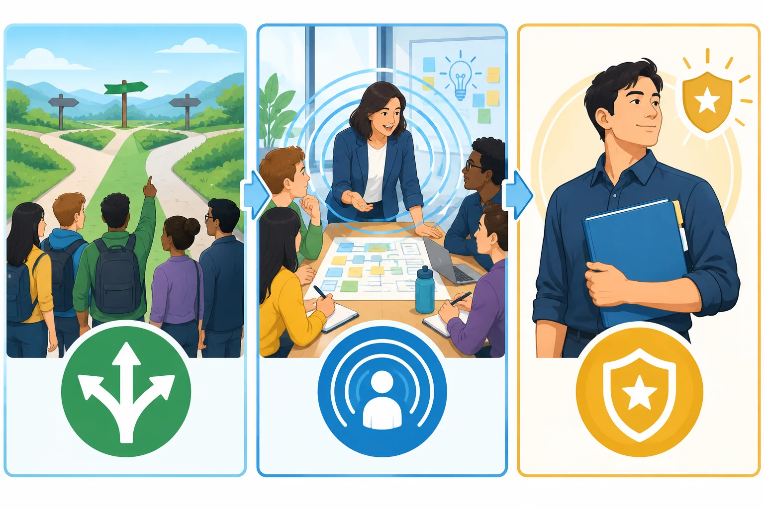 Três cenas de um projeto coletivo: escolher um caminho, exercer influência e assumir responsabilidade.