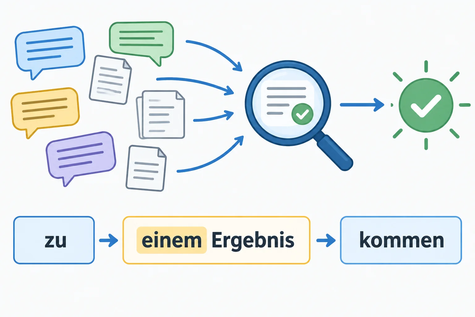 Esquema mostra uma discussão levando a um resultado e destaca a sequência zu + einem Ergebnis + kommen.