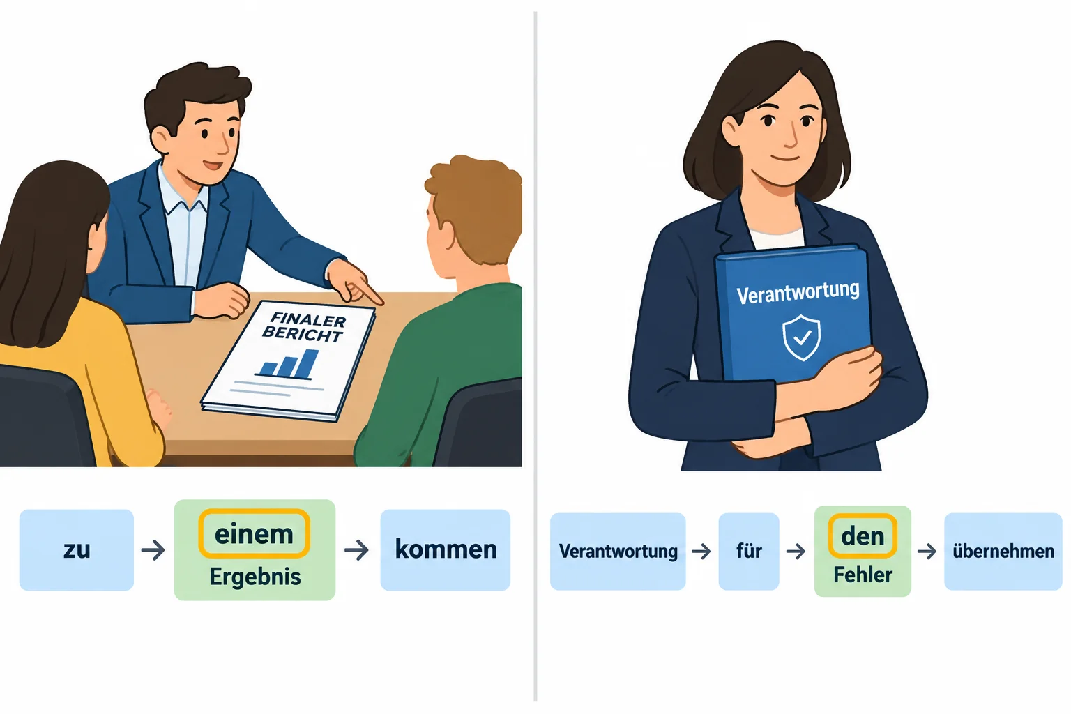 Comparação visual entre zu einem Ergebnis kommen e Verantwortung für den Fehler übernehmen, com os artigos destacados.