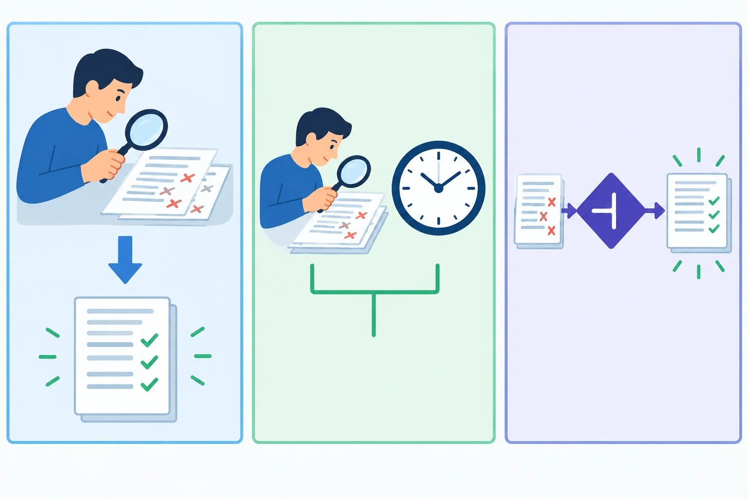 Três painéis com procedimento levando a resultado, ações simultâneas e uma condição antes de um resultado.