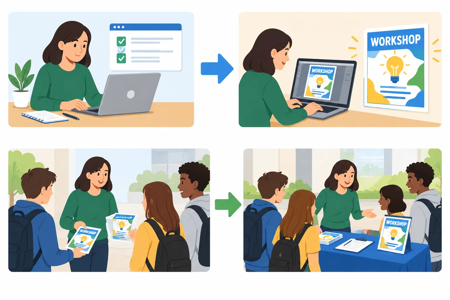 Diagrama com dois fluxos: uma participante confere dados e prepara um cartaz; depois, ela distribui cartazes e a equipe atrai participantes.