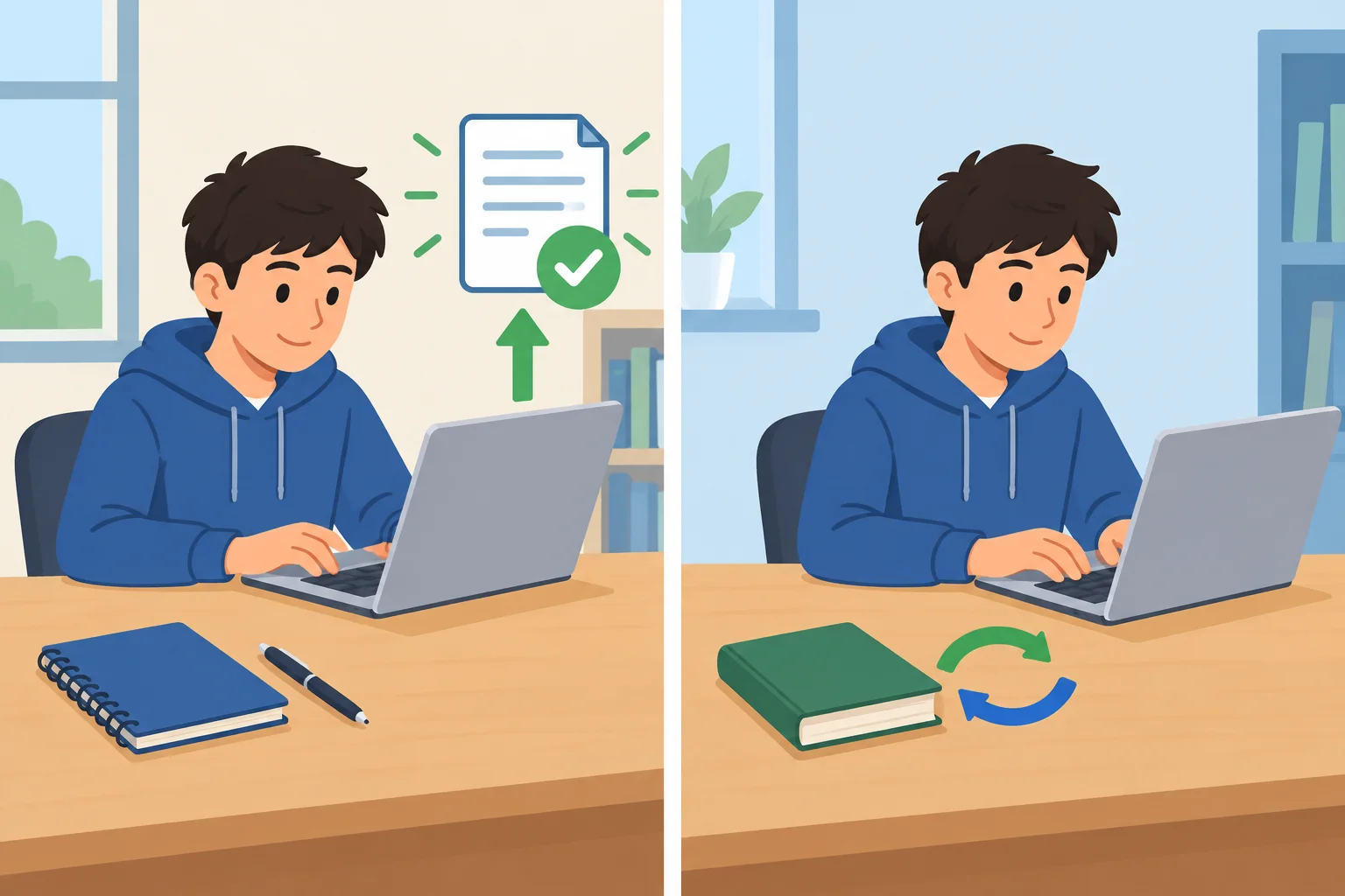 Comparação visual entre uma ação que ocorre sem outra ação associada e uma ação que ocorre no lugar de uma alternativa.