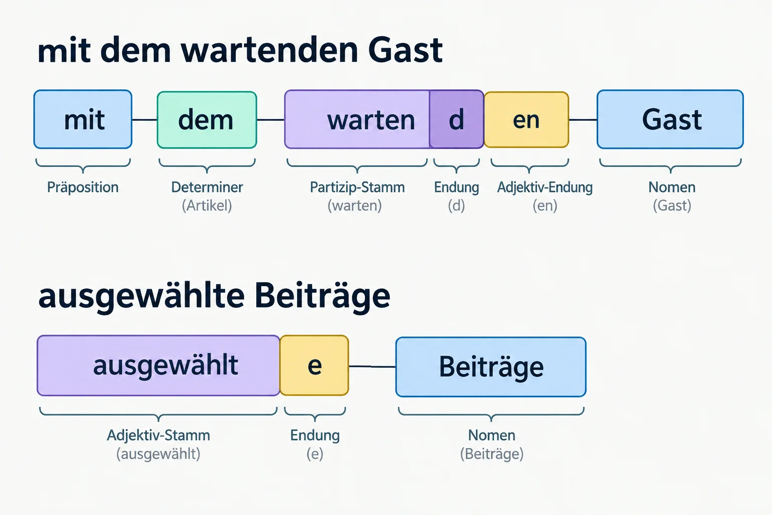 Diagrama que separa determinante, base participial, terminação e substantivo em dois grupos nominais alemães.
