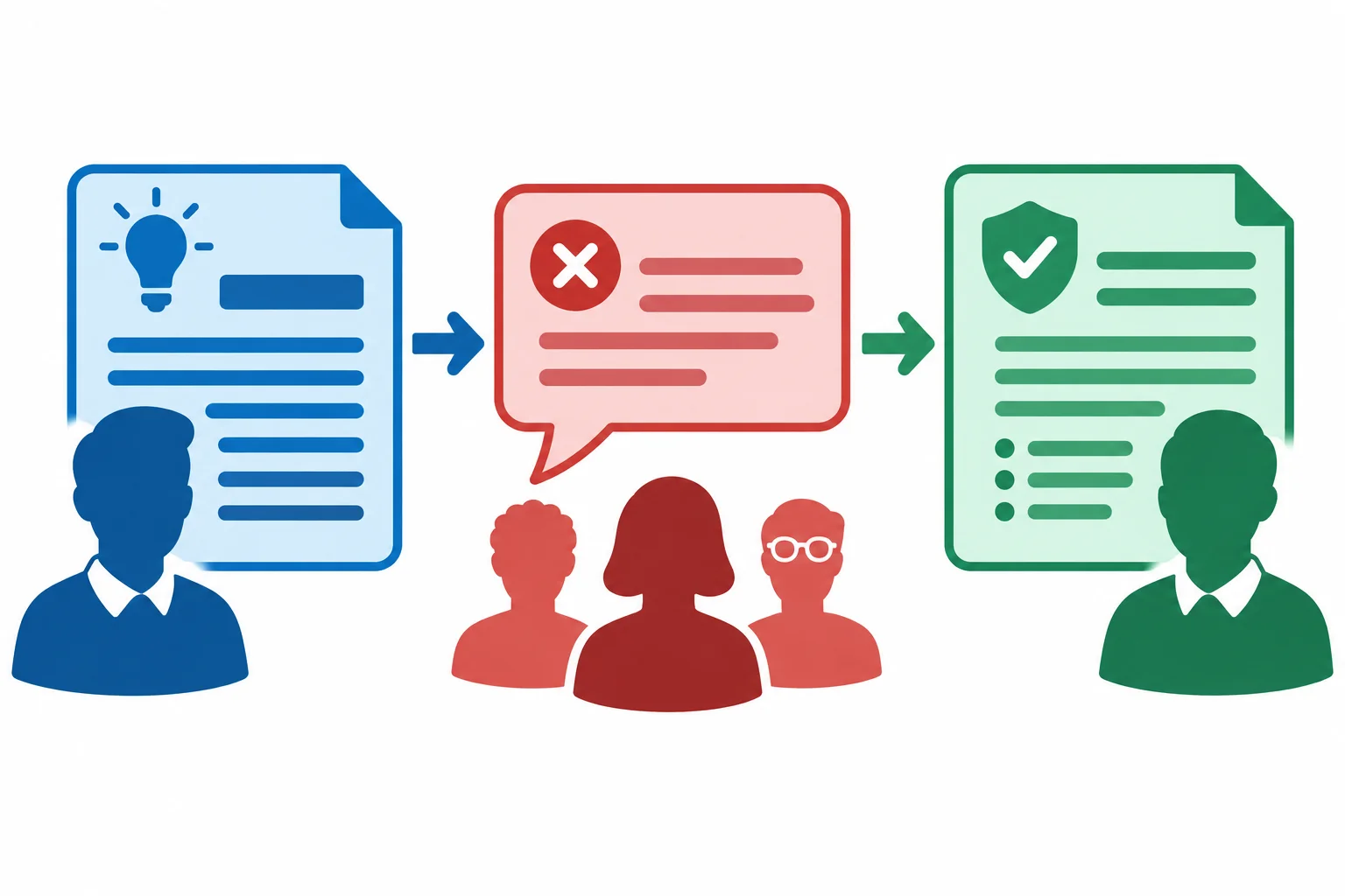 Diagrama com três partes distintas: posição do autor, objeção de críticos e resposta do autor.