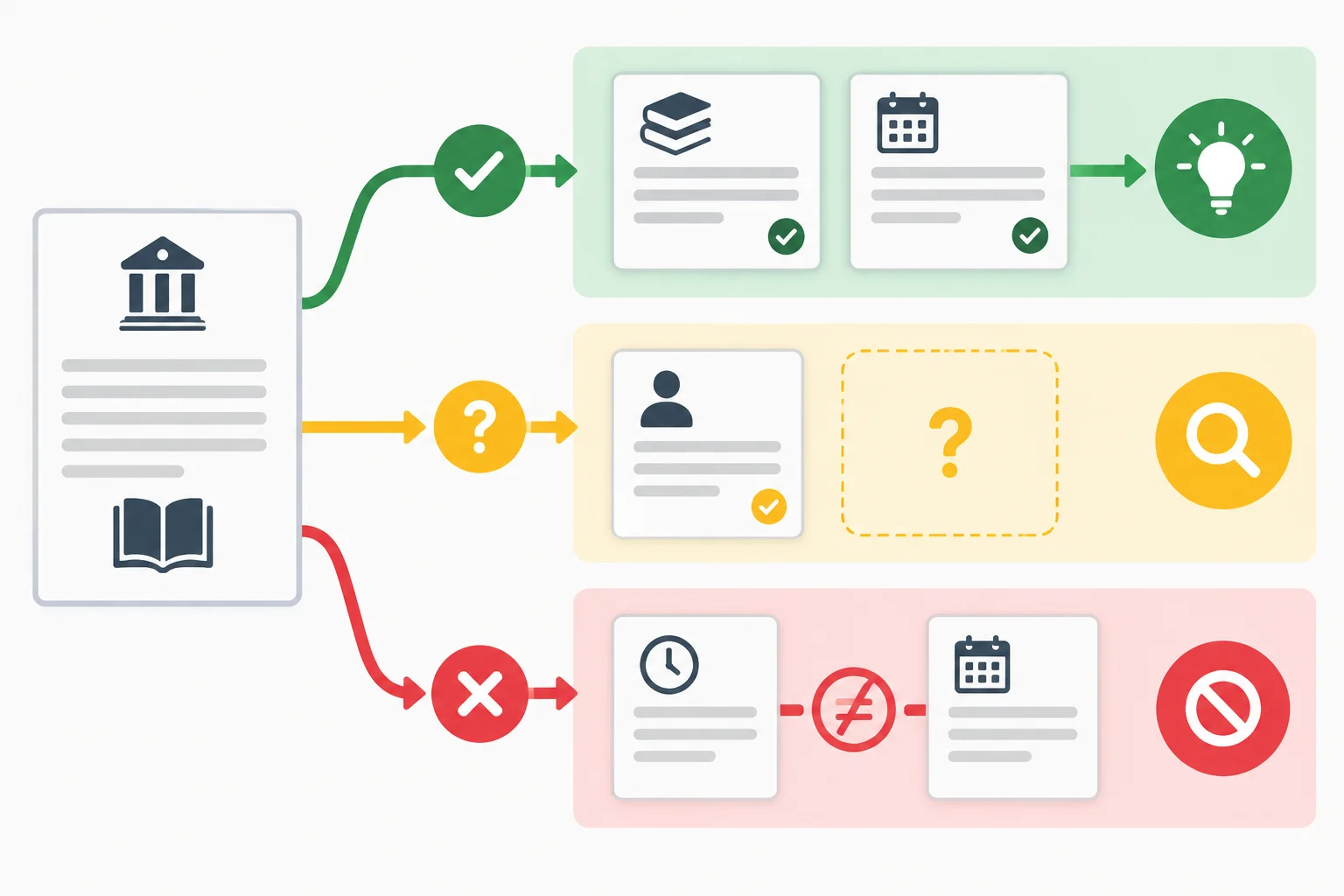 Diagrama que compara uma interpretação apoiada por pistas, uma interpretação com uma lacuna de informação e uma interpretação em conflito com o trecho.