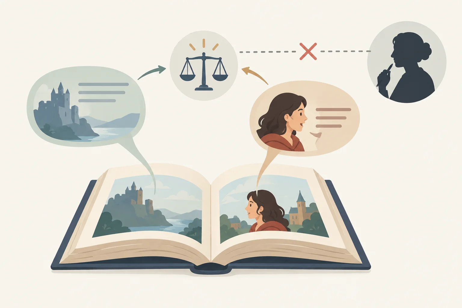 Diagrama em que narrador e personagem, dentro de um livro, se ligam a uma avaliação; uma ligação interrompida separa essa avaliação da figura do autor fora do livro.