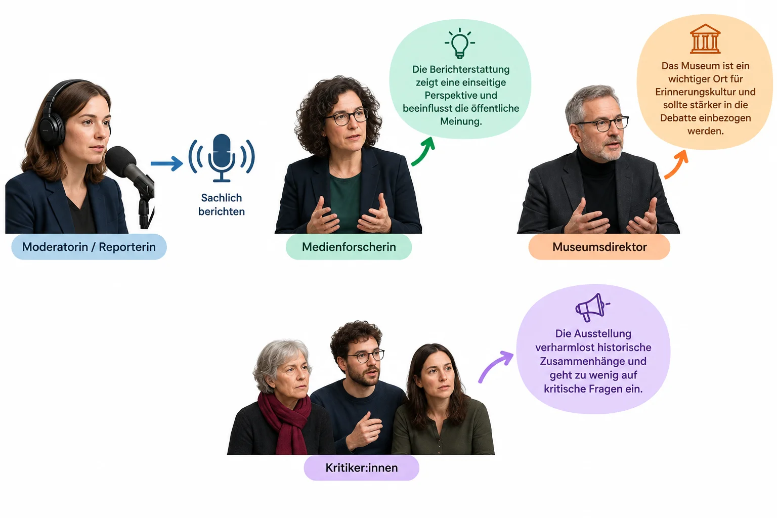 Mapa visual que separa a apresentadora, a pesquisadora, o diretor de museu e um grupo de críticos, com setas para as ideias atribuídas a cada fonte.