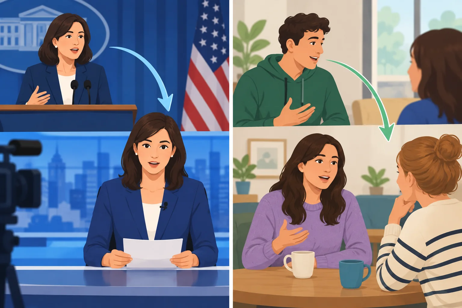 Comparação entre um relato informativo formal e uma conversa cotidiana, com setas indicando a origem da informação.