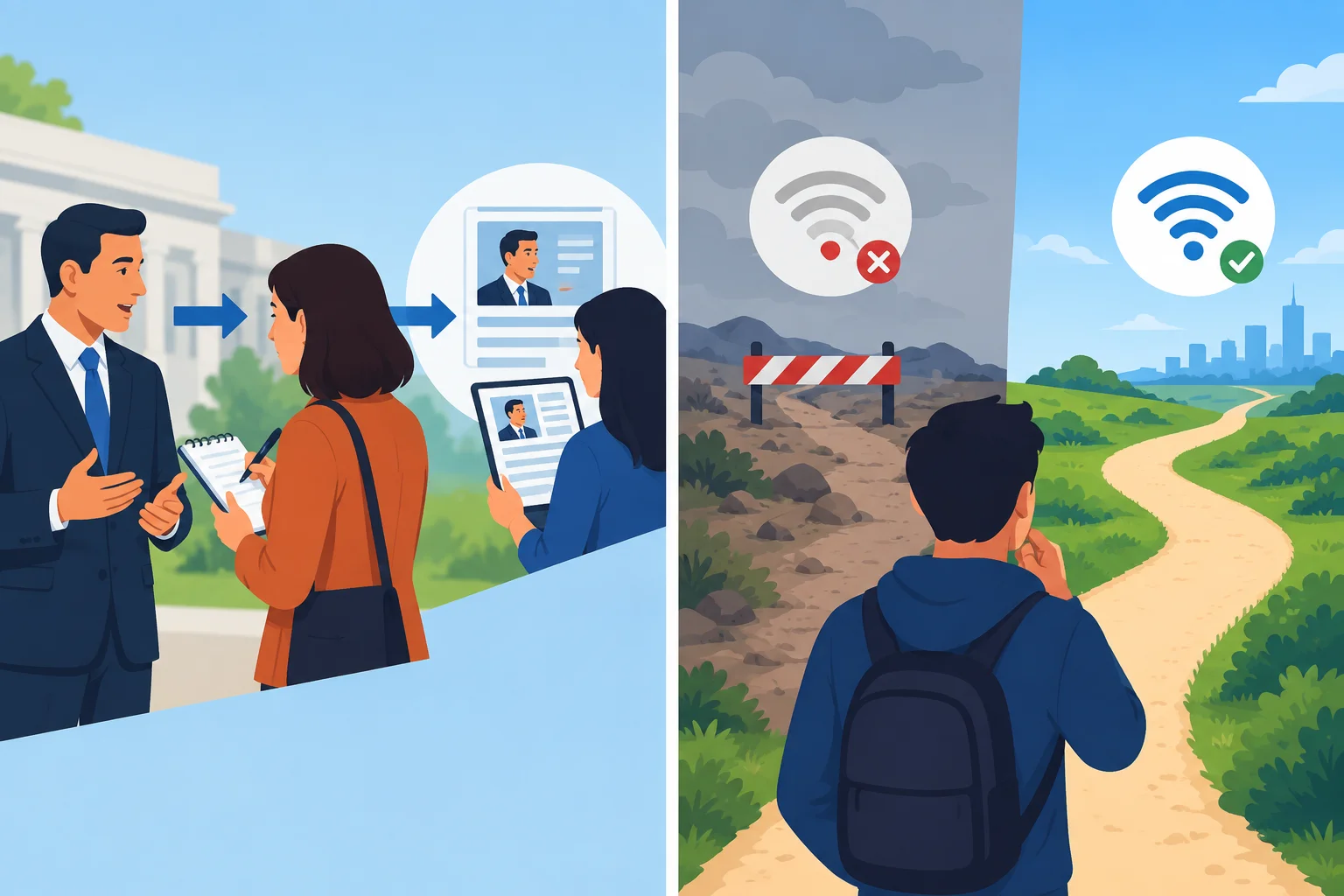 Comparação visual entre uma informação atribuída a uma porta-voz e um cenário condicionado por uma conexão de internet.