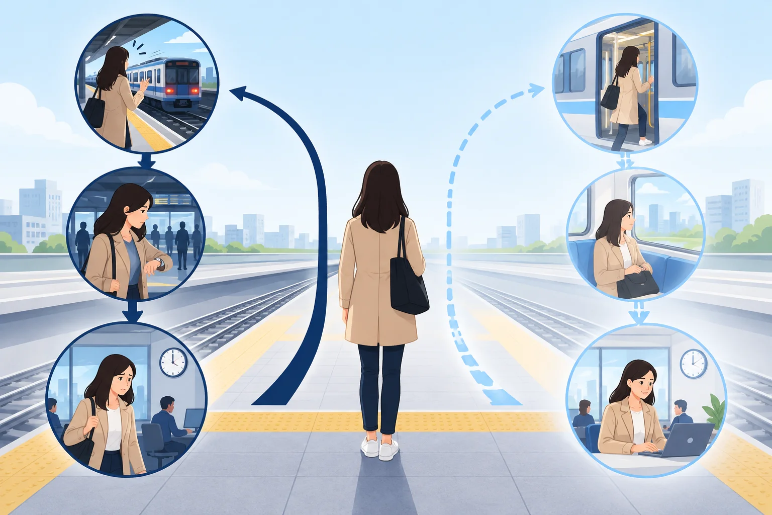 Diagrama com duas trajetórias do mesmo episódio: uma mostra a pessoa perdendo o trem e chegando atrasada; a outra mostra a alternativa imaginada de embarcar e chegar no horário.