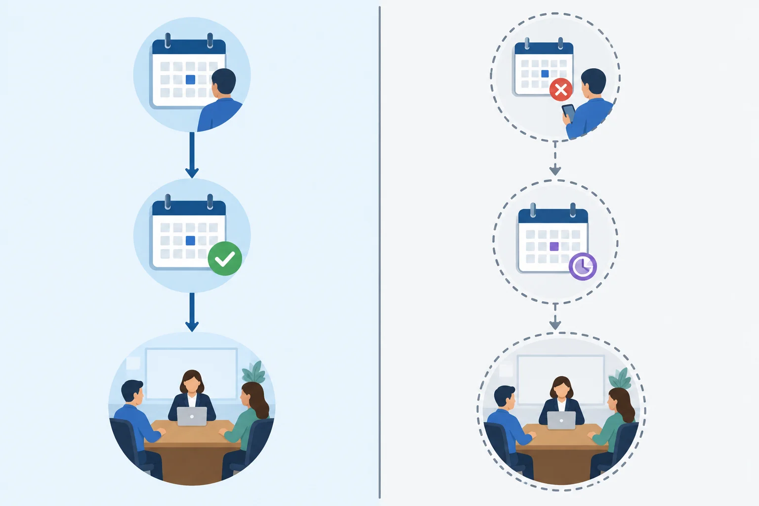 Diagrama com duas trajetórias: o fato de um compromisso continuar e a alternativa imaginada em que um cancelamento antecipado leva ao adiamento.