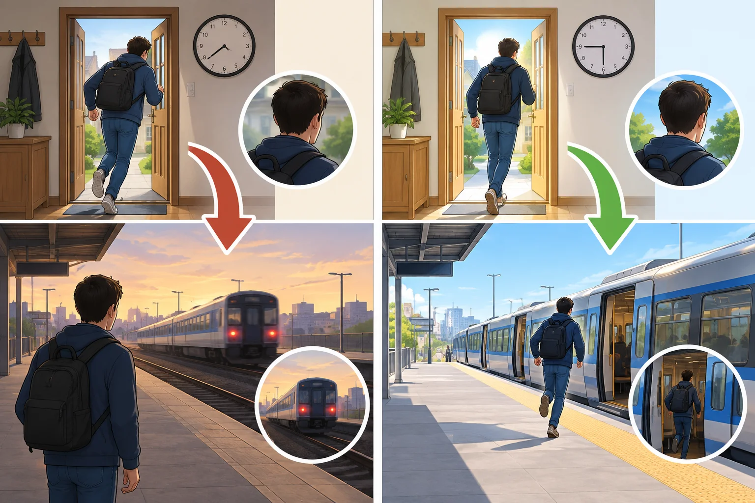 Comparação visual entre sair tarde e perder o trem, e sair cedo e conseguir pegar o trem.