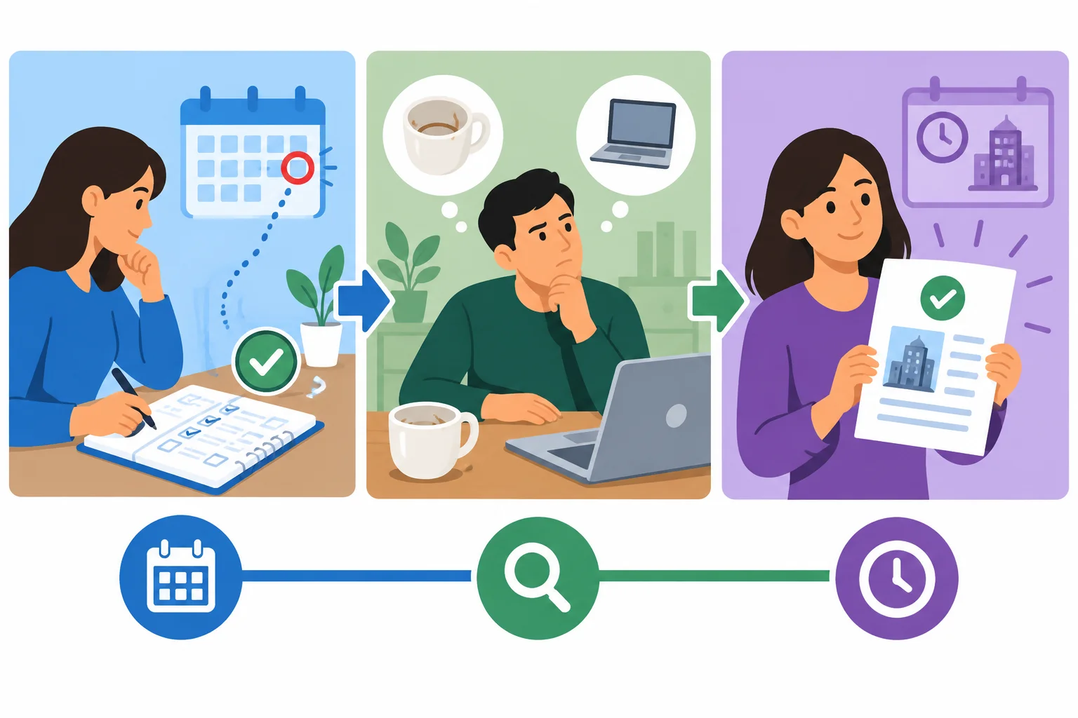 Diagrama em três partes: conclusão antes de um prazo futuro, suposição atual baseada em indícios passados e confirmação por uma fonte.
