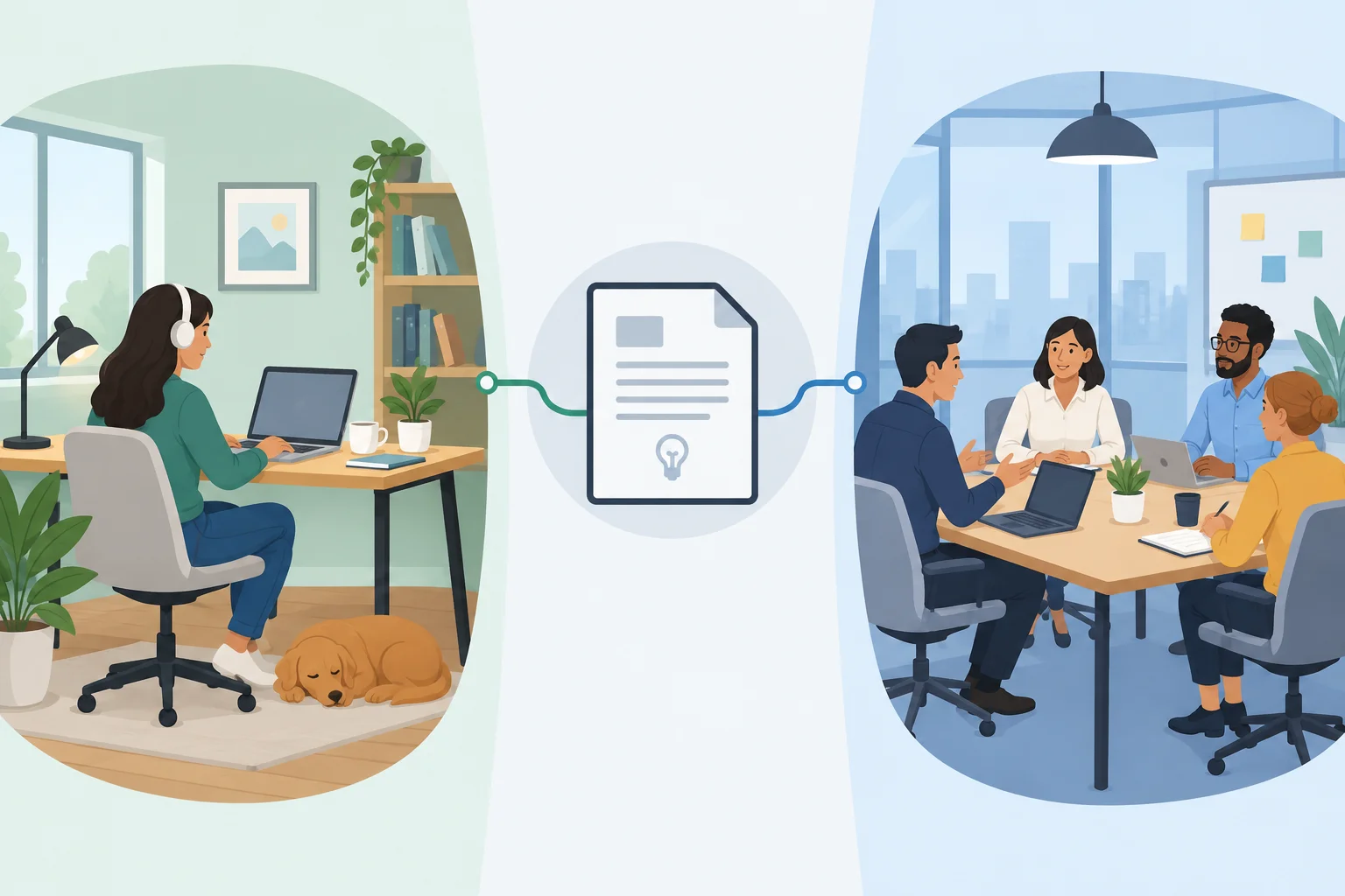 Diagrama de uma única questão ligada a dois aspectos contrastantes: trabalho remoto flexível e coordenação presencial da equipe.