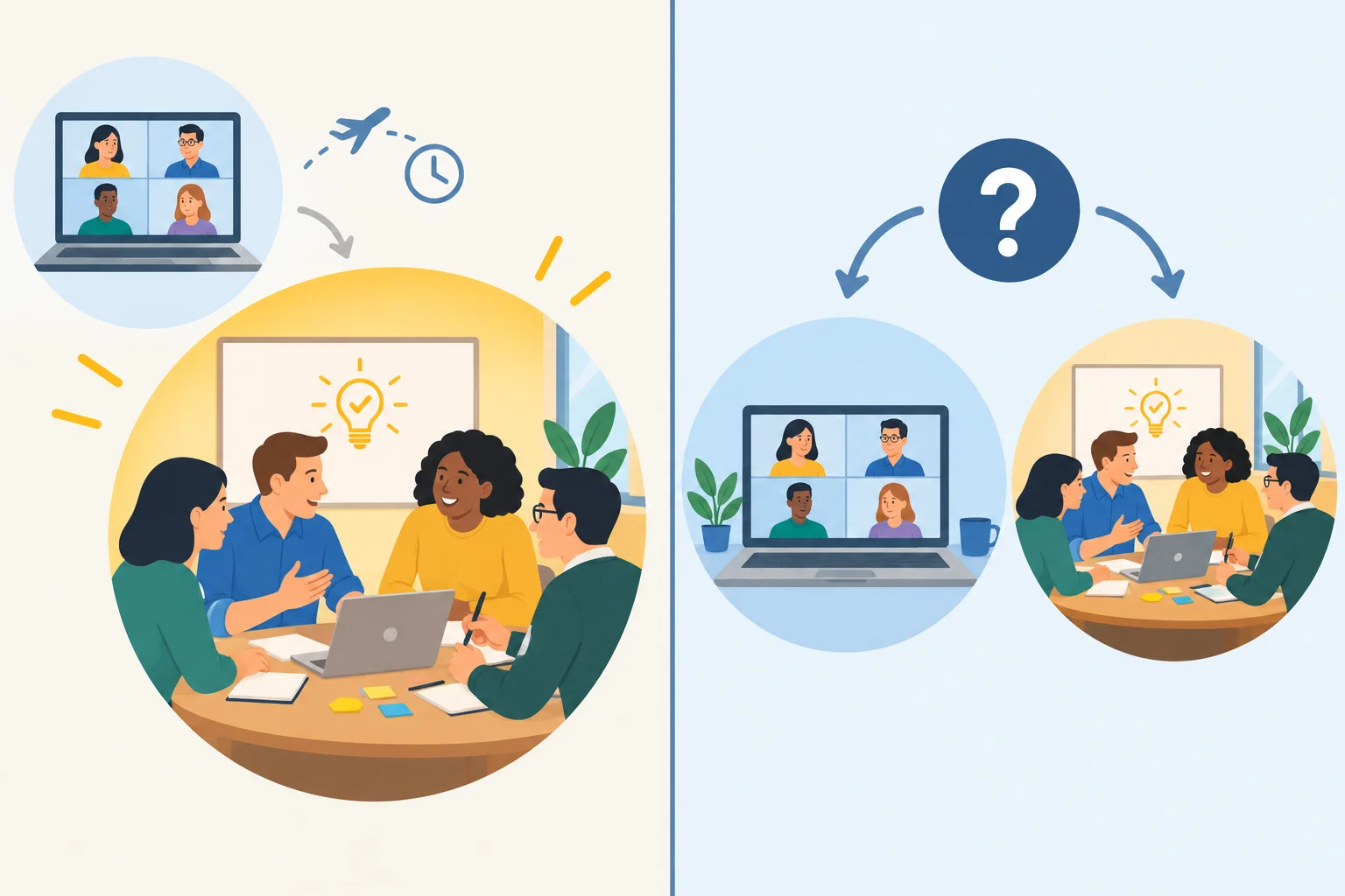 Comparação visual entre uma ponderação que destaca a oficina presencial e outra que apenas coloca reunião online e oficina lado a lado.