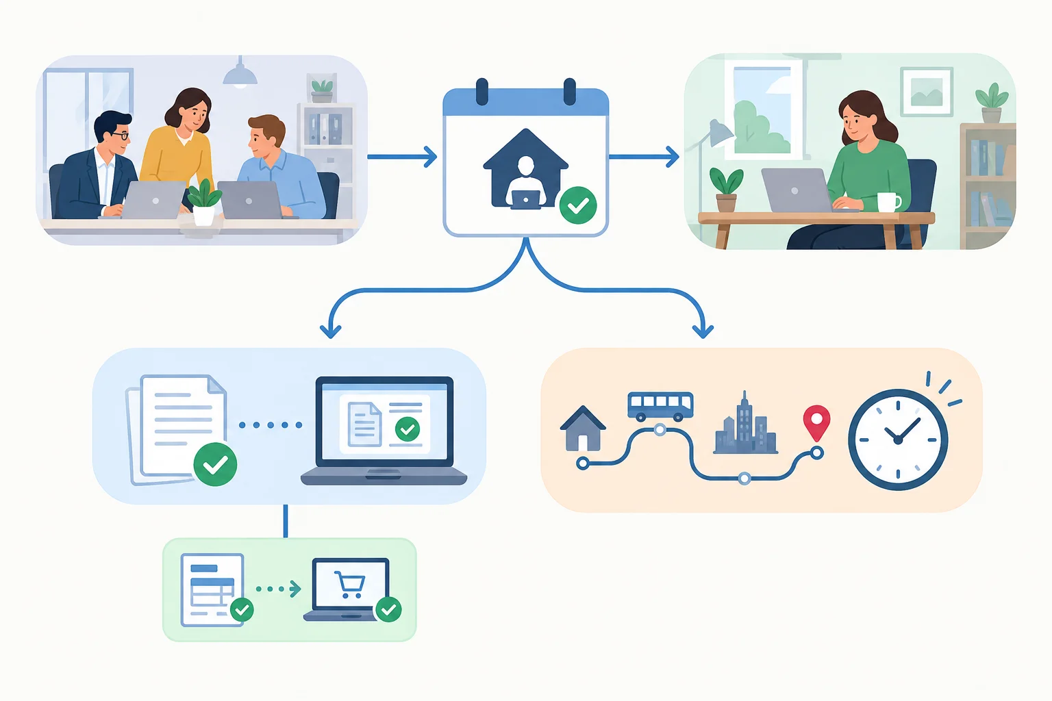 Diagrama com uma proposta de um dia semanal de trabalho remoto, duas razões distintas e um exemplo ligado apenas à razão sobre tarefas digitais.