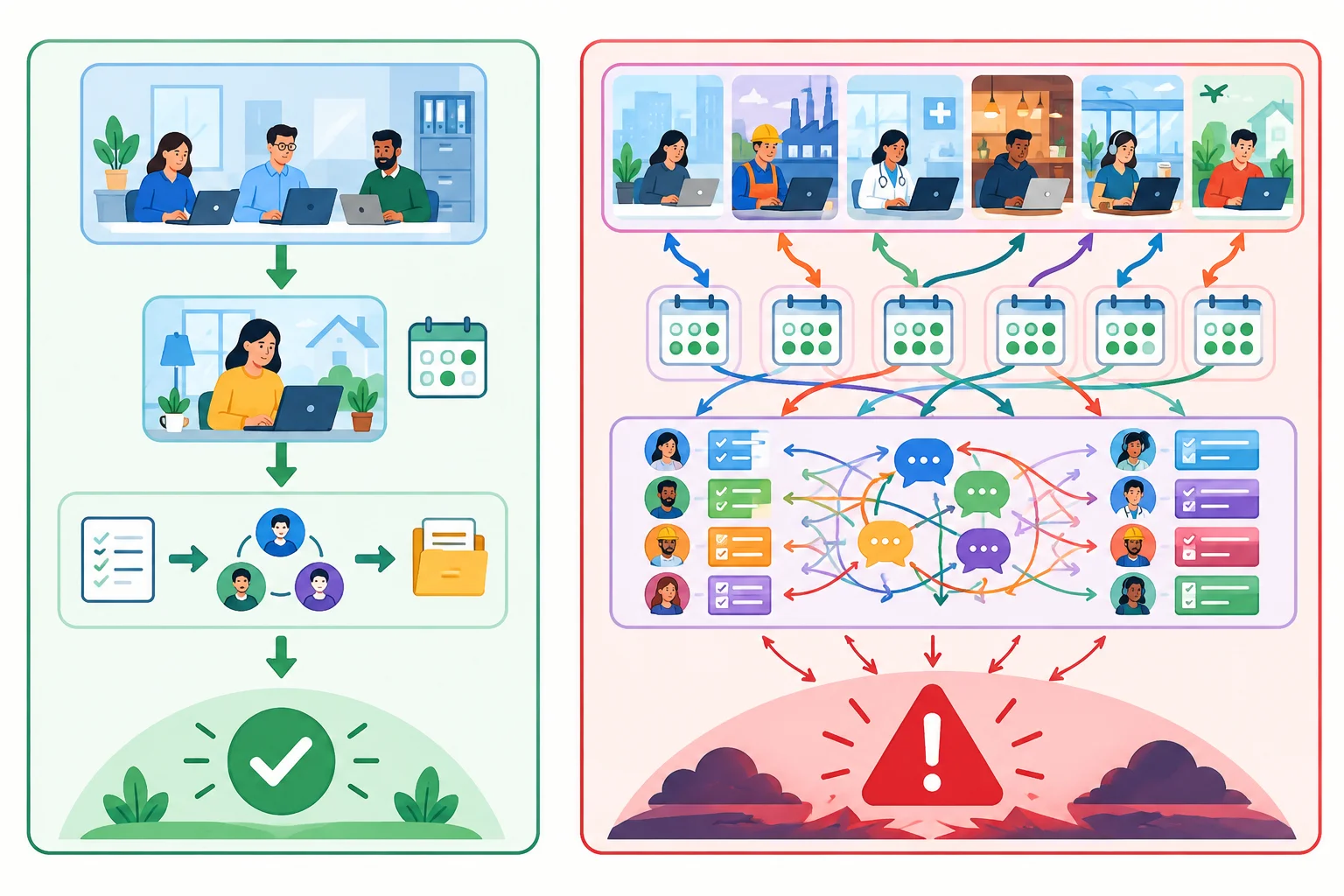 Diagrama comparando uma conclusão restrita à equipe e às condições do caso com uma generalização que se expande para muitos contextos.