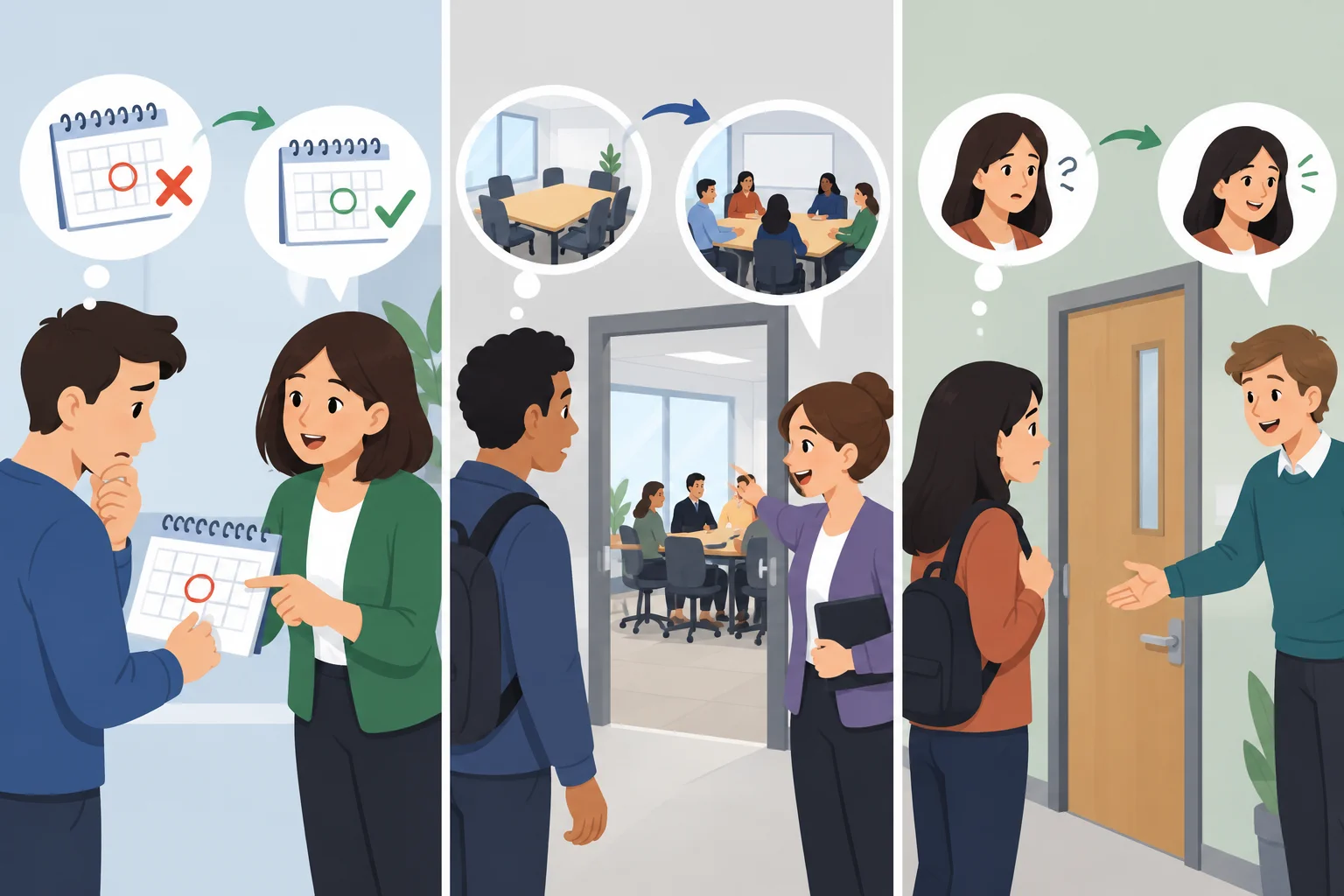 Três cenas de diálogo: correção de uma data esquecida, contraste com uma expectativa e incentivo diante de uma hesitação.
