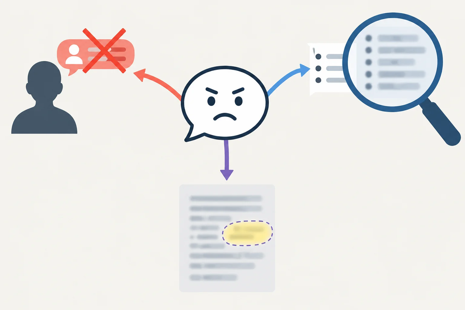 Diagrama com uma discordância no centro e três problemas possíveis: ataque à pessoa, generalização e falta de especificidade.