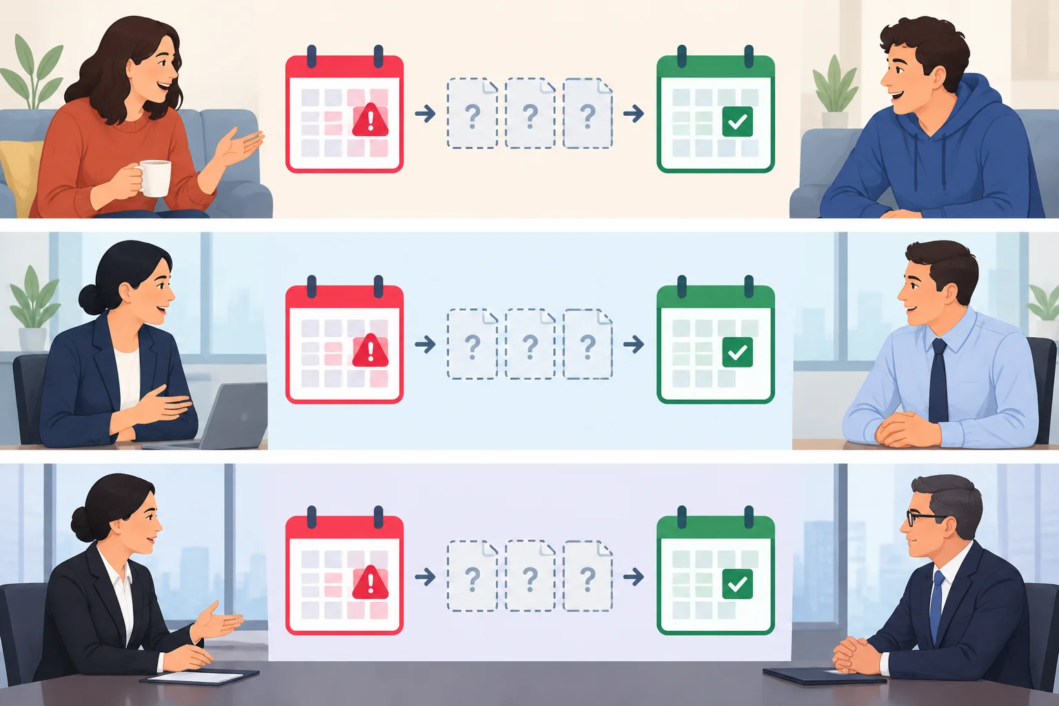 Diagrama com três contextos de conversa e a mesma situação: sexta-feira problemática por falta de números e segunda-feira como alternativa.