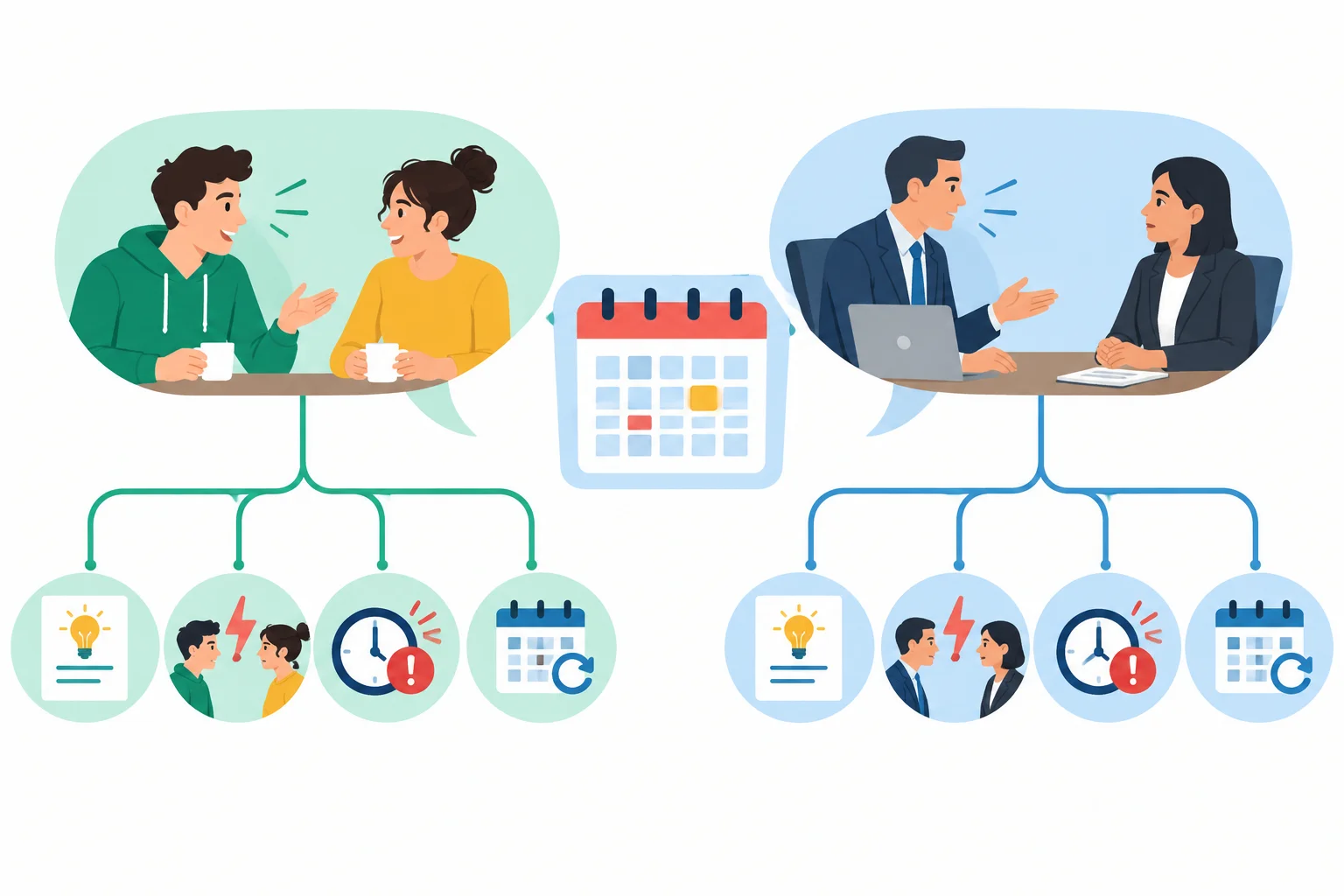 Diagrama mostrando a mesma situação de reunião e prazo sendo comunicada a uma pessoa próxima e a um contato profissional.