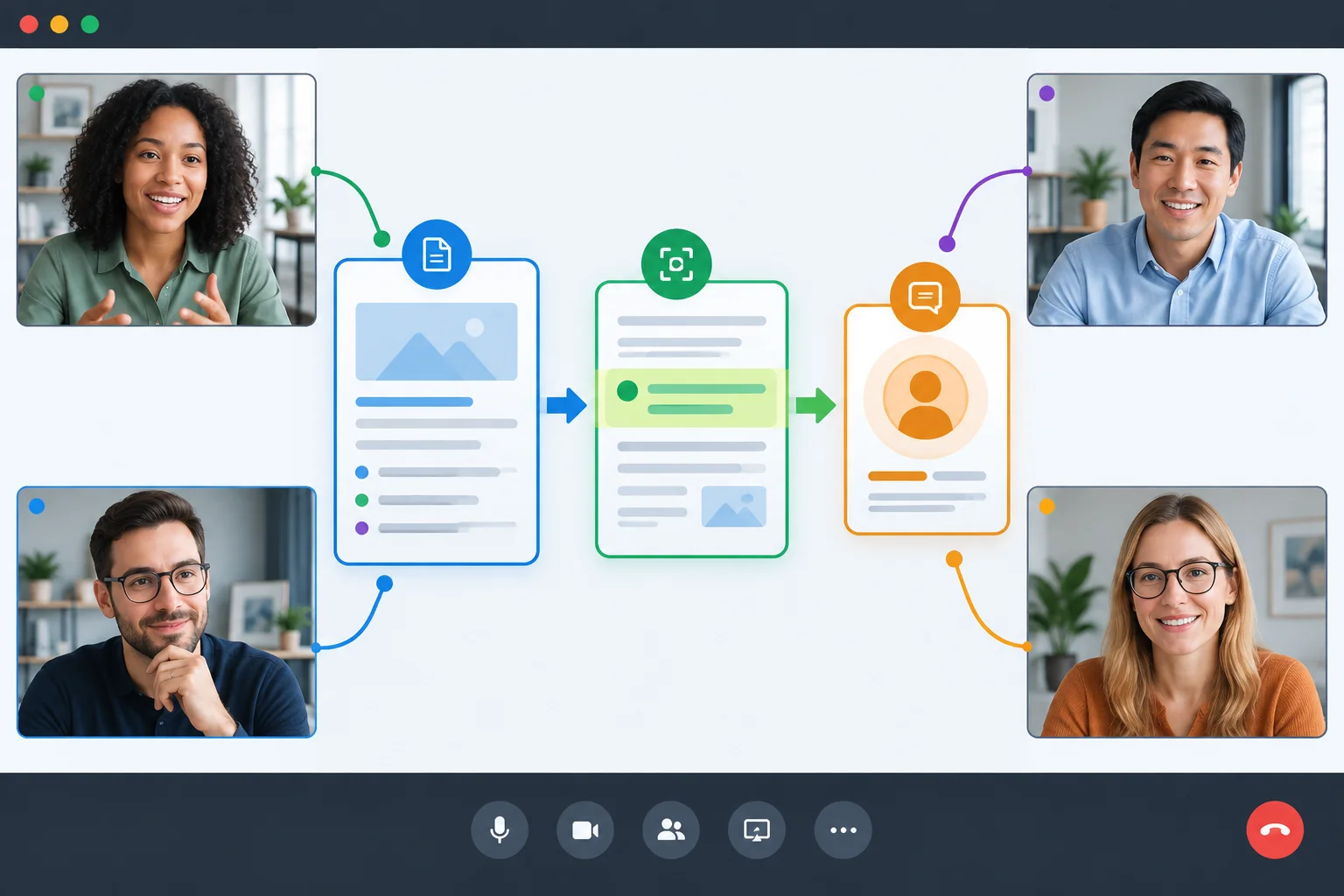 Diagrama de uma reunião online: uma posição leva a um trecho destacado, que leva ao foco específico da resposta.