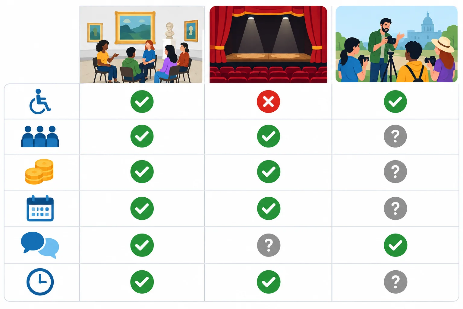 Matriz visual com três atividades culturais comparadas pelos mesmos critérios, usando marcas de atendimento, falha e informação pendente.