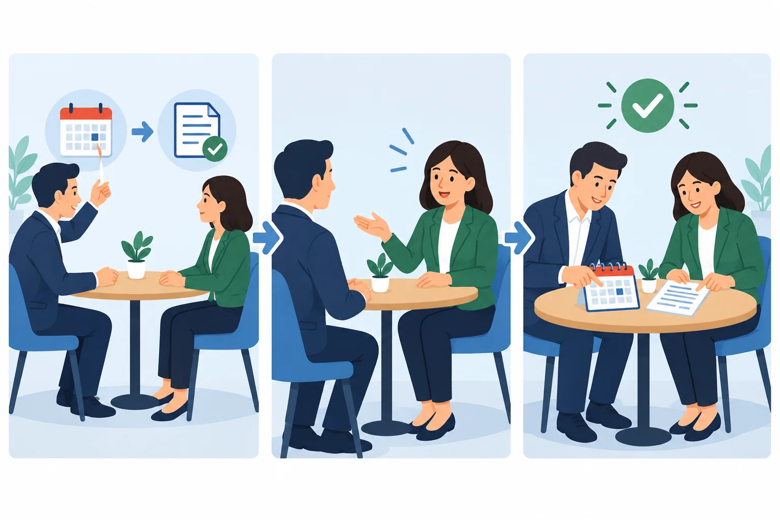 Diagrama em três etapas: oferta condicional, reação favorável e confirmação conjunta dos dois elementos.