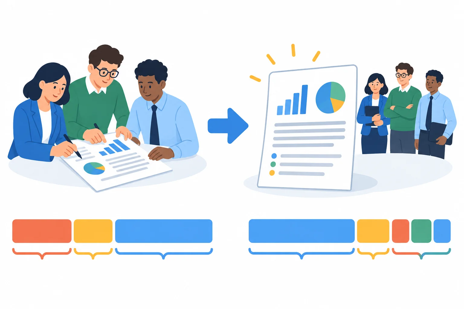 Diagrama visual em que trabalhadores agem sobre um relatório na ativa, e o relatório passa para o primeiro plano na passiva, enquanto os trabalhadores ficam como agente secundário.
