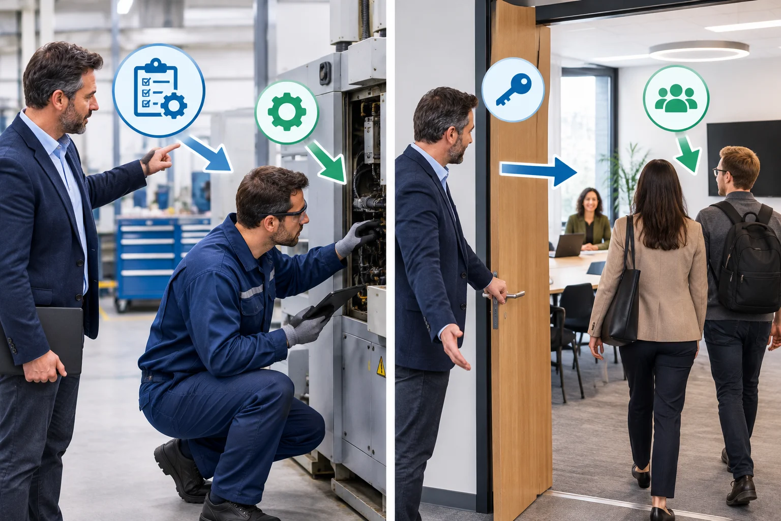 Comparação entre uma gestora que providencia uma inspeção feita por um técnico e uma gestora que permite que visitantes usem uma sala.