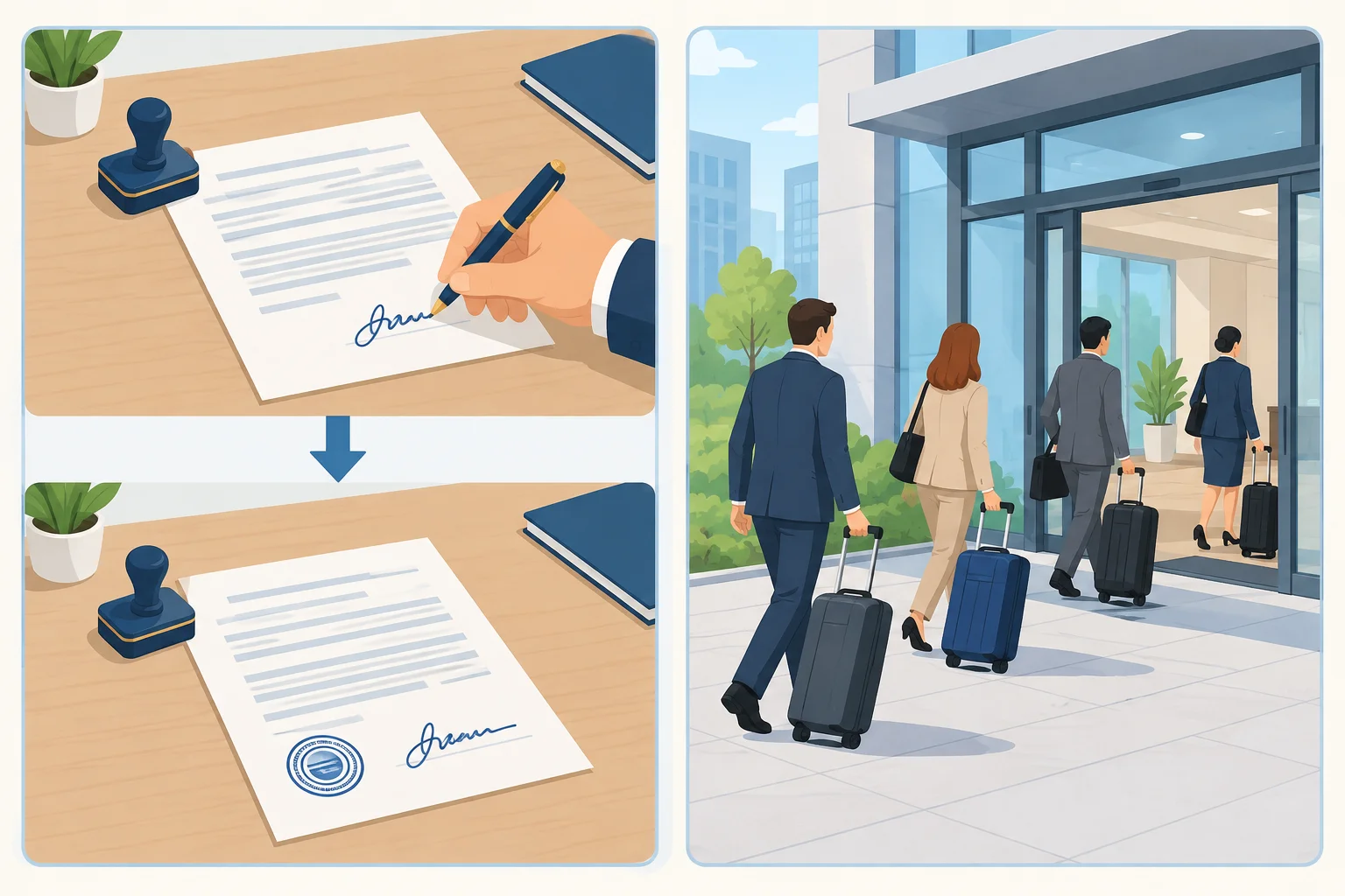 Comparação visual entre um contrato que ficou assinado e convidados que chegaram a um prédio.