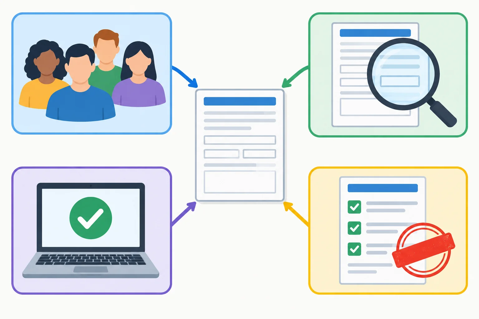 Diagrama visual com um formulário ao centro e quatro focos: pessoas genéricas, verificação da ação, realização on-line e requisito obrigatório.