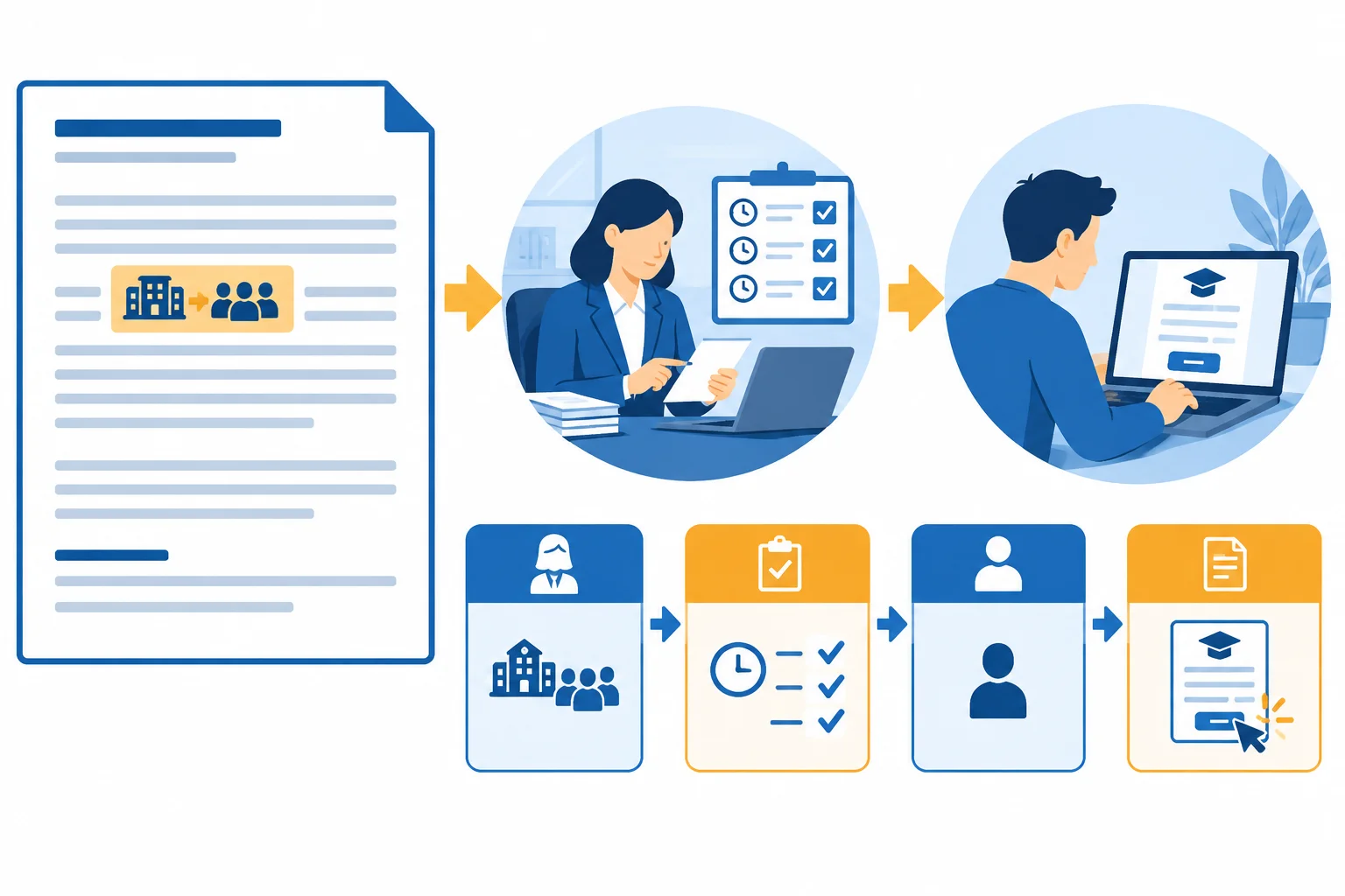 Esquema visual que liga uma formulação institucional nominal a uma sequência explícita: a direção confirma as horas práticas e, depois, a pessoa pode fazer a inscrição.