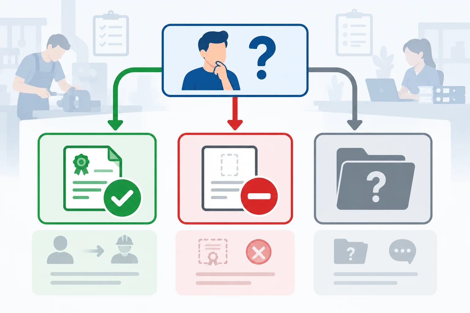 Diagrama com uma decisão central e três situações: condição confirmada, condição não atendida e informação não fornecida.