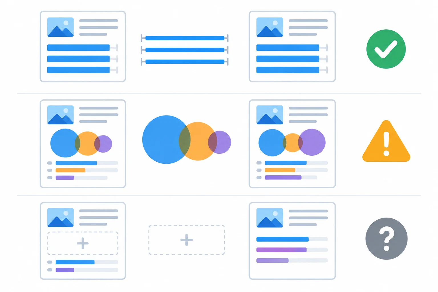 Diagrama com três eixos: um compatível, um com grupos parcialmente diferentes e um sem informação suficiente em uma das fontes.