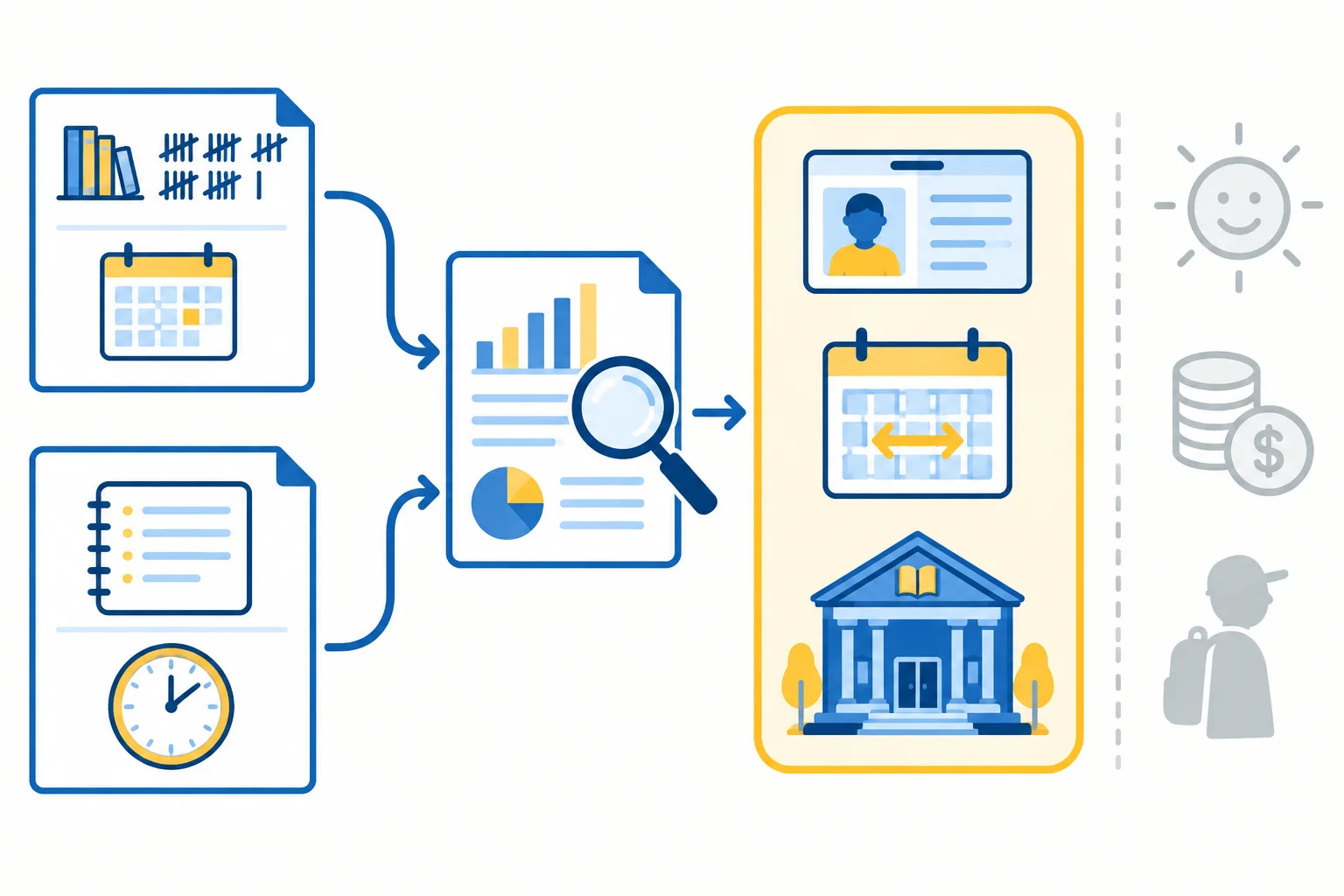 Diagrama mostra dois documentos que servem de base para um relatório com escopo limitado a estudantes cadastrados, a um período e a um teste de horário.