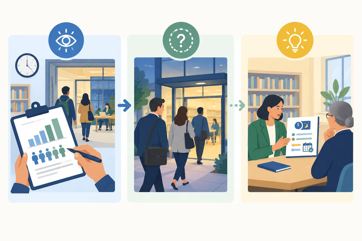 Esquema em três partes: dado observado sobre uso da biblioteca, efeito futuro possível e ação proposta à coordenação.