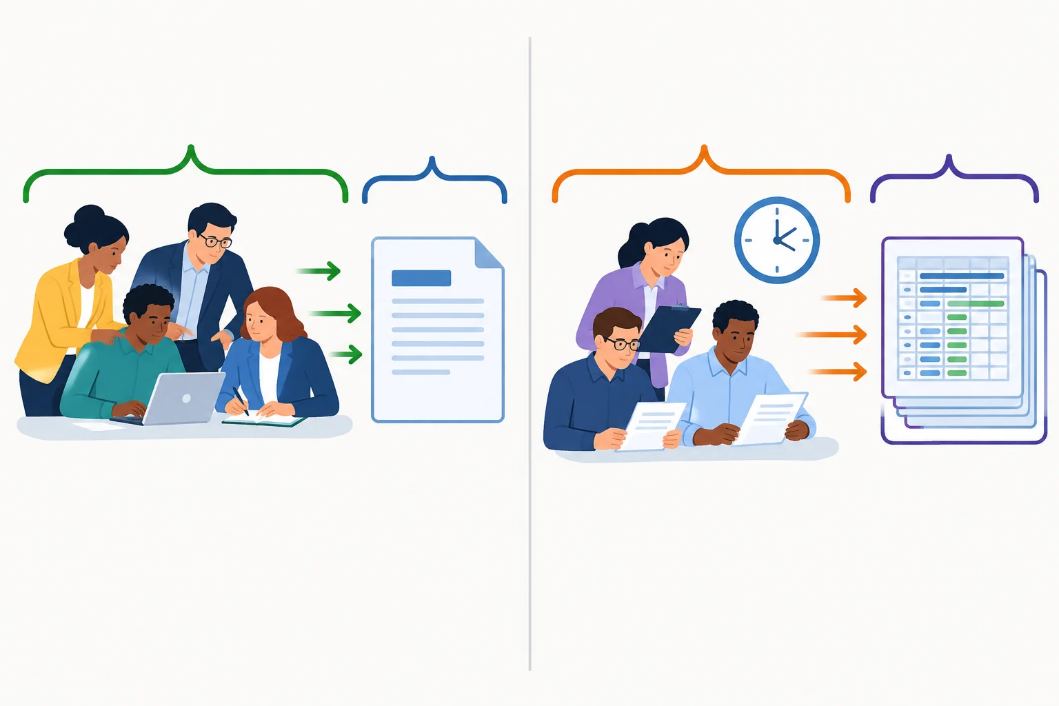Diagrama comparando um núcleo que realiza a ação com um núcleo que recebe a ação; em ambos, os detalhes da ação ficam reunidos antes do núcleo.